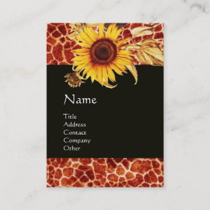 SUNFLOWERS AND GIRAFFE SKIN RED GEMSTONE MONOGRAM BUSINESS CARD