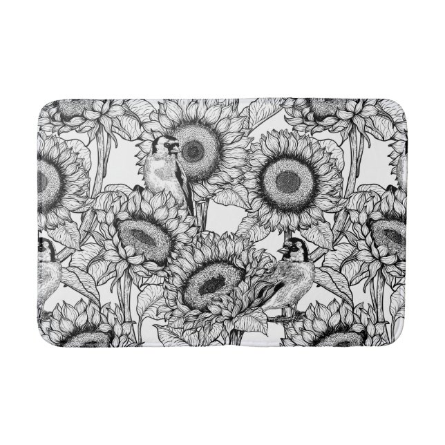 Sunflowers and goldfinches in black and white bath mat (Front)