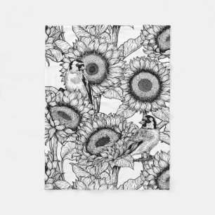 Sunflowers and goldfinches in black and white fleece blanket