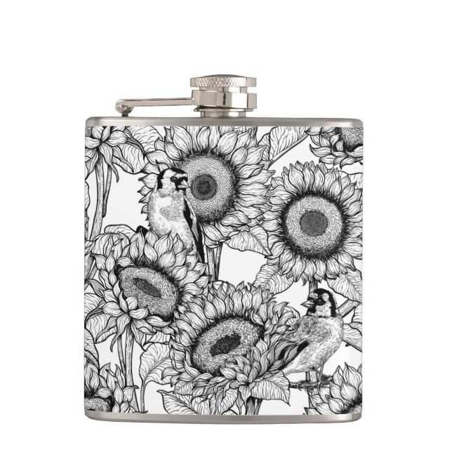 Sunflowers and goldfinches in black and white hip flask (Front)