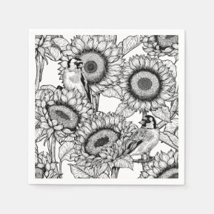 Sunflowers and goldfinches in black and white napkin