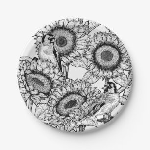 Sunflowers and goldfinches in black and white paper plate
