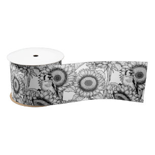 Sunflowers and goldfinches in black and white satin ribbon