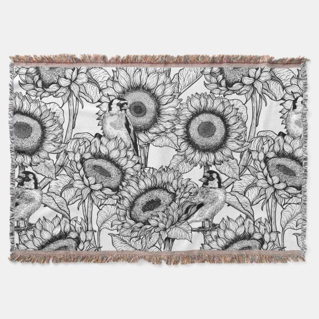 Sunflowers and goldfinches in black and white throw blanket (Front)