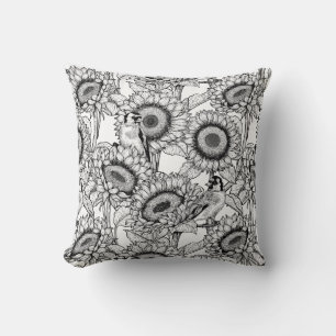 Sunflowers and goldfinches in black and white throw pillow