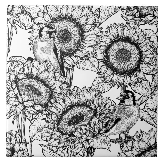 Sunflowers and goldfinches in black and white tile (Front)