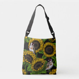Sunflowers and goldfinches on black crossbody bag