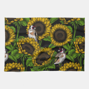 Sunflowers and goldfinches on black kitchen towel