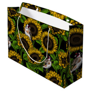 Sunflowers and goldfinches on black large gift bag