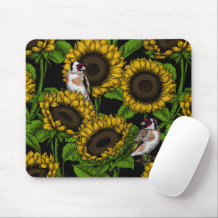 Sunflowers and goldfinches on black mouse pad