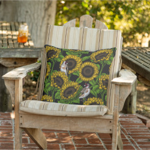 Sunflowers and goldfinches on black outdoor pillow