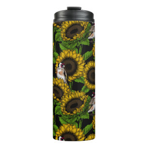 Sunflowers and goldfinches on black thermal tumbler