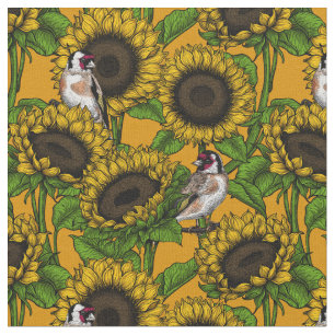 Sunflowers and goldfinches on orange fabric