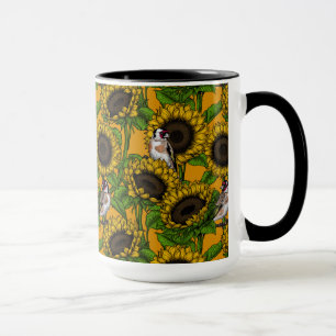 Sunflowers and goldfinches on orange mug