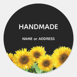 Sunflowers and Handmade Text on Black Classic Round Sticker