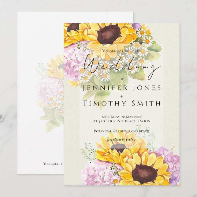sunflowers and hydrangea watercolour  invitation (Front/Back)