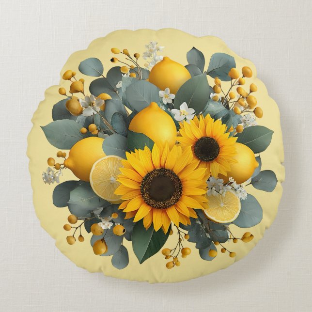 Sunflowers and Lemons Autumn Arrangement Round Pillow (Front)