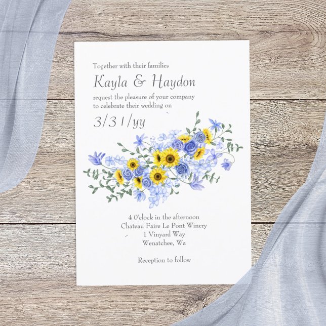 Sunflowers and Light Blue Rose Bouquet Wedding Invitation (yellow sunflowers and dusty blue roses wedding invitations, sunflower bouquet)