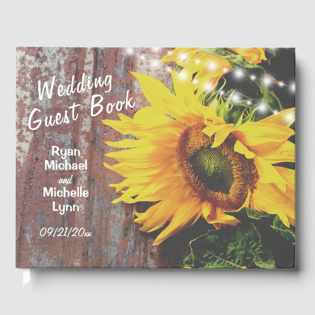 Sunflowers and Lights Rustic Country Wedding Guest Book (Front)