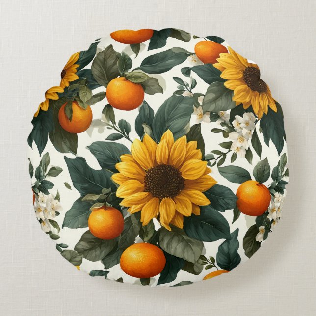 Sunflowers and Oranges Autumn Design Round Pillow (Front)