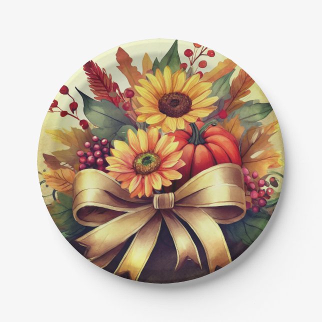 Sunflowers and Pumpkin, 7" Paper Plate (Front)
