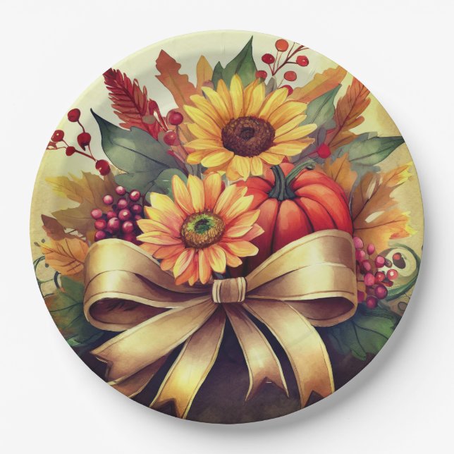 Sunflowers and Pumpkin, 9" Round Paper Plates (Front)