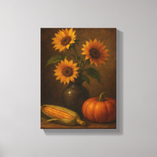 Sunflowers and Pumpkin Autumn Still Life Canvas Print