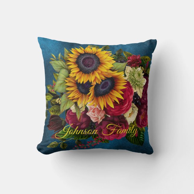 Sunflowers and roses elegant family name navy blue throw pillow (Front)