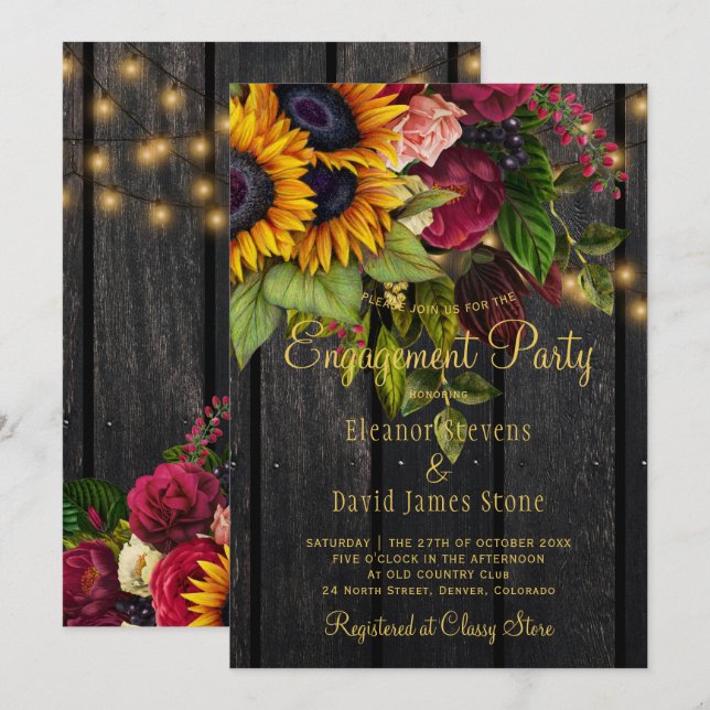 Sunflowers and roses rustic barn wood engagement invitation (Front/Back)