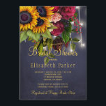 Sunflowers and roses rustic navy bridal shower invitation<br><div class="desc">Rustic country bridal shower stylish invitation template on dark midnight navy blue chalkboard background featuring a big yellow gold sunflowers and red burgundy roses bouquet, strings of twinkle white lights, and a faux gold typography script. Easy to personalize with your details! You can choose to customize it further changing fonts...</div>