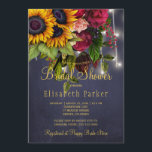 Sunflowers and roses rustic navy bridal shower invitation<br><div class="desc">Rustic country bridal shower stylish invitation template on dark midnight navy blue chalkboard background featuring a big yellow gold sunflowers and red burgundy roses bouquet, strings of twinkle white lights, and a faux gold typography script. Easy to personalize with your details! You can choose to customize it further changing fonts...</div>