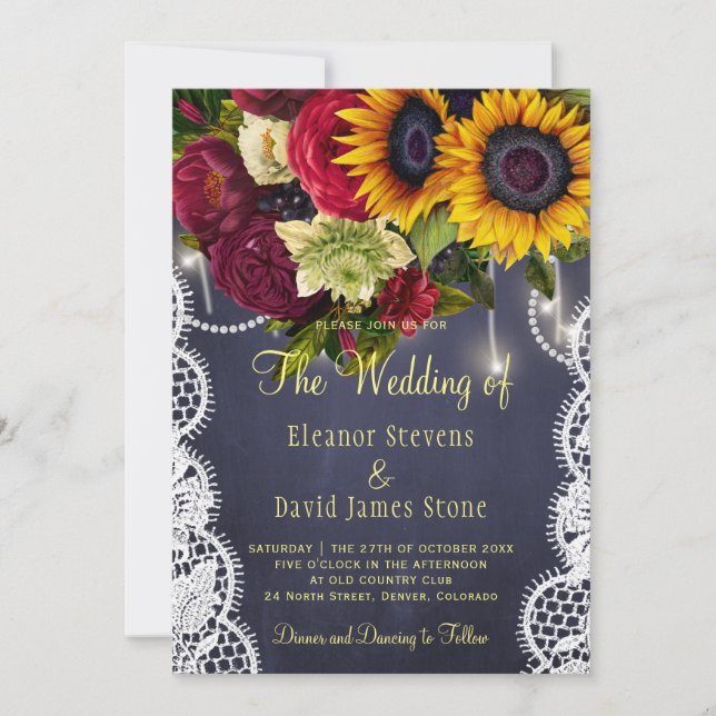 Sunflowers and roses winter rustic navy wedding invitation (Front)