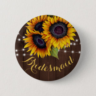 Sunflowers and string lights barn wood bridesmaid 2 inch round button