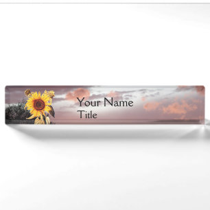 SUNFLOWERS AND SUMMER SUNSET WITH PINK CLOUDS NAMEPLATE