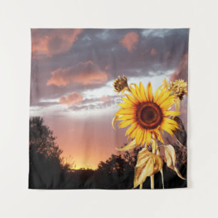 SUNFLOWERS AND SUMMER SUNSET WITH PINK CLOUDS TAPESTRY