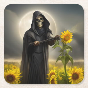 Sunflowers and the Grim Reaper  Square Paper Coaster