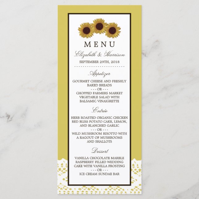 Sunflowers and Vintage Lace Wedding Menu (Front)