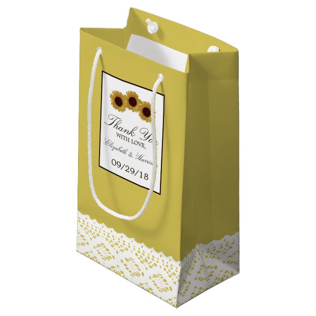 Sunflowers and Vintage Lace Wedding Small Gift Bag (Front Angled)