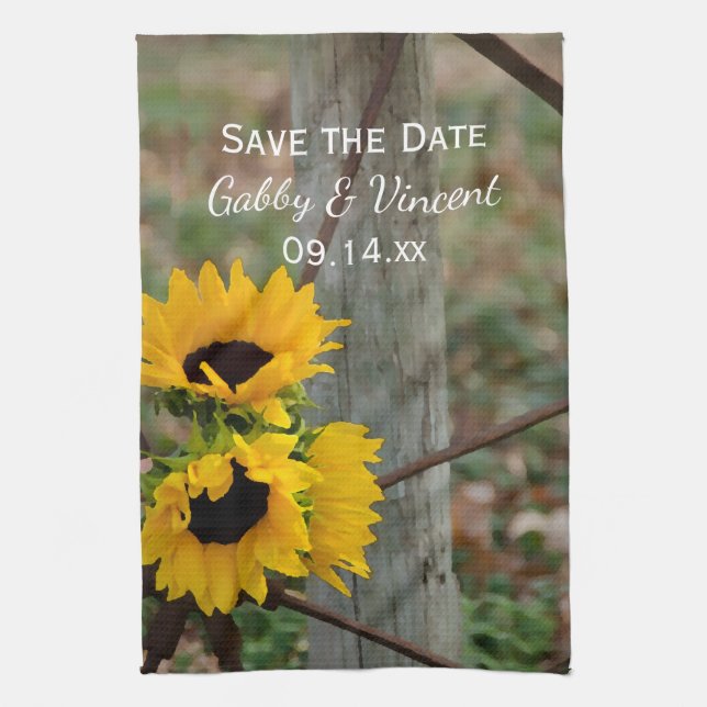 Sunflowers and Wagon Wheel Wedding Save the Date Kitchen Towel (Vertical)
