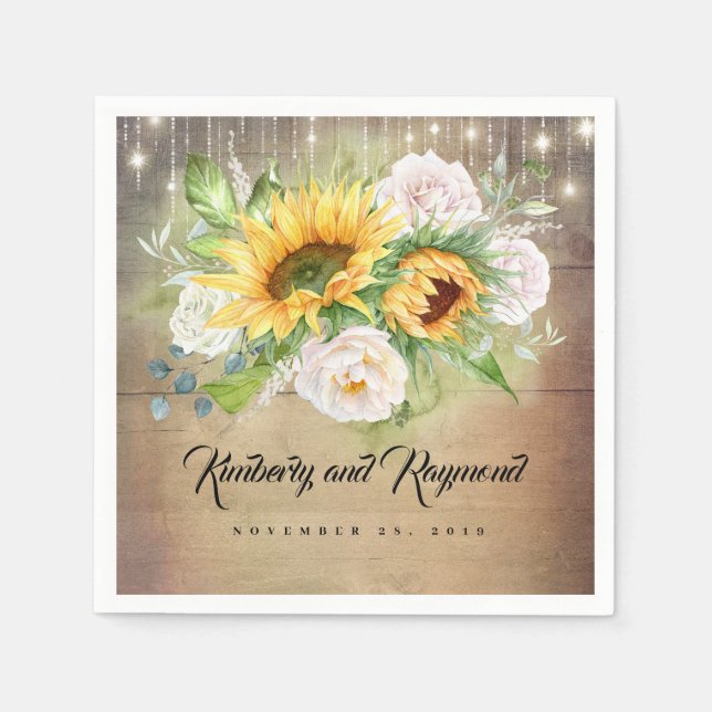 Sunflowers and White Roses Rustic Fall Wedding Napkin (Front)