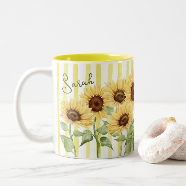 Sunflowers and yellow stripes 11oz coffee mug (With Donut)