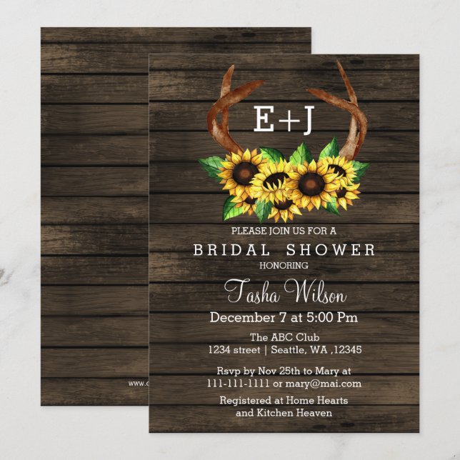 Sunflowers Antlers Country Chic Bridal Shower Invitation (Front/Back)
