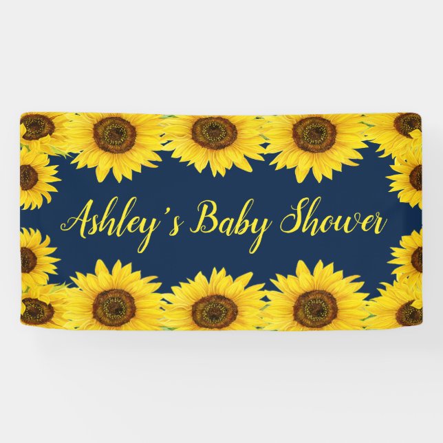 Sunflowers Baby Shower Backdrop Navy Floral Prop Banner (Horizontal)