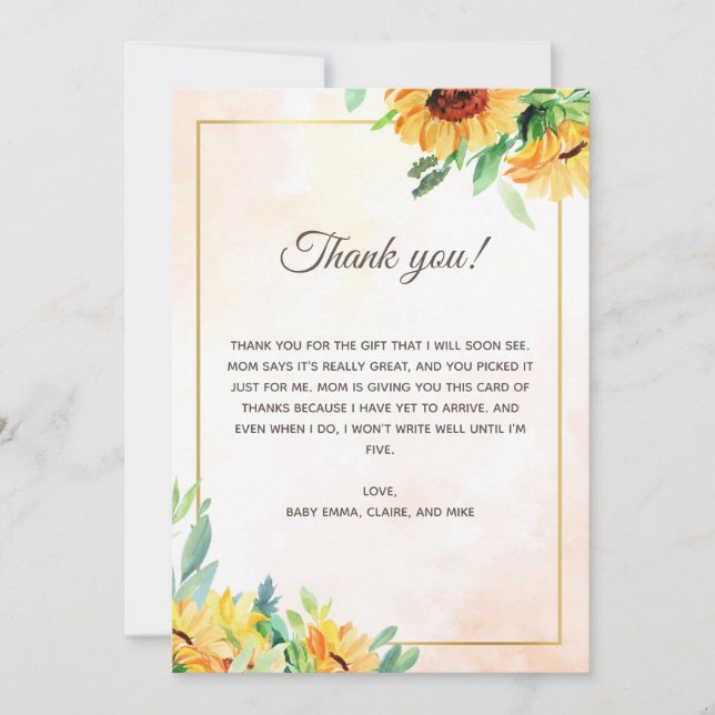 Sunflowers Baby Shower Thank You Card (Front)