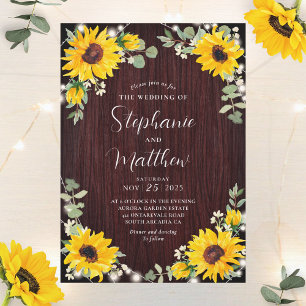 Sunflowers Babys Breath Lights Wood Wedding Invitation