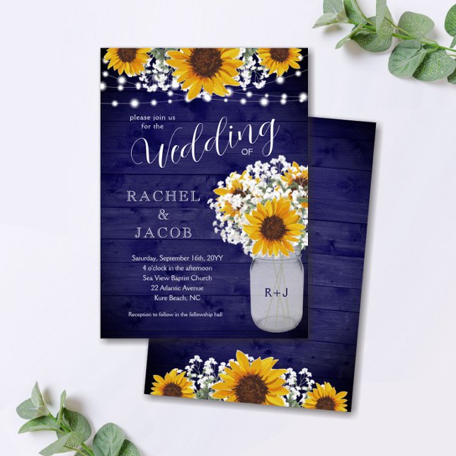 Sunflowers Babys Breath Navy Jar Lights Wedding Invitation (Creator Uploaded)