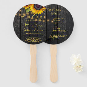 Sunflowers barn wood gold script wedding ceremony hand fan