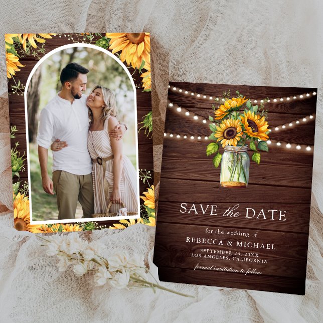 Sunflowers Barn Wood Mason Jar Photo Wedding Save The Date (Creator Uploaded)