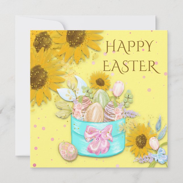 Sunflowers Basket of Eggs Happy Easter Yellow Holiday Card (Front)