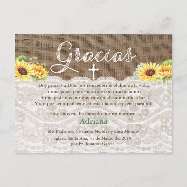 Sunflowers Bautismo Spanish Baptism Thank You Card (Front)